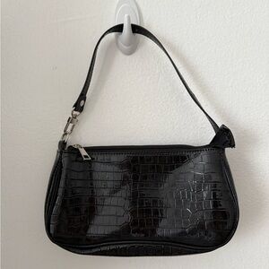 Black Croc-Embossed Shoulder Bag